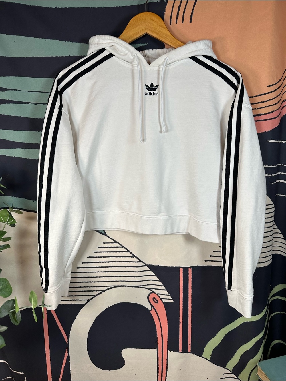 Adidas Cropped White Hoodie with Black Stripes
